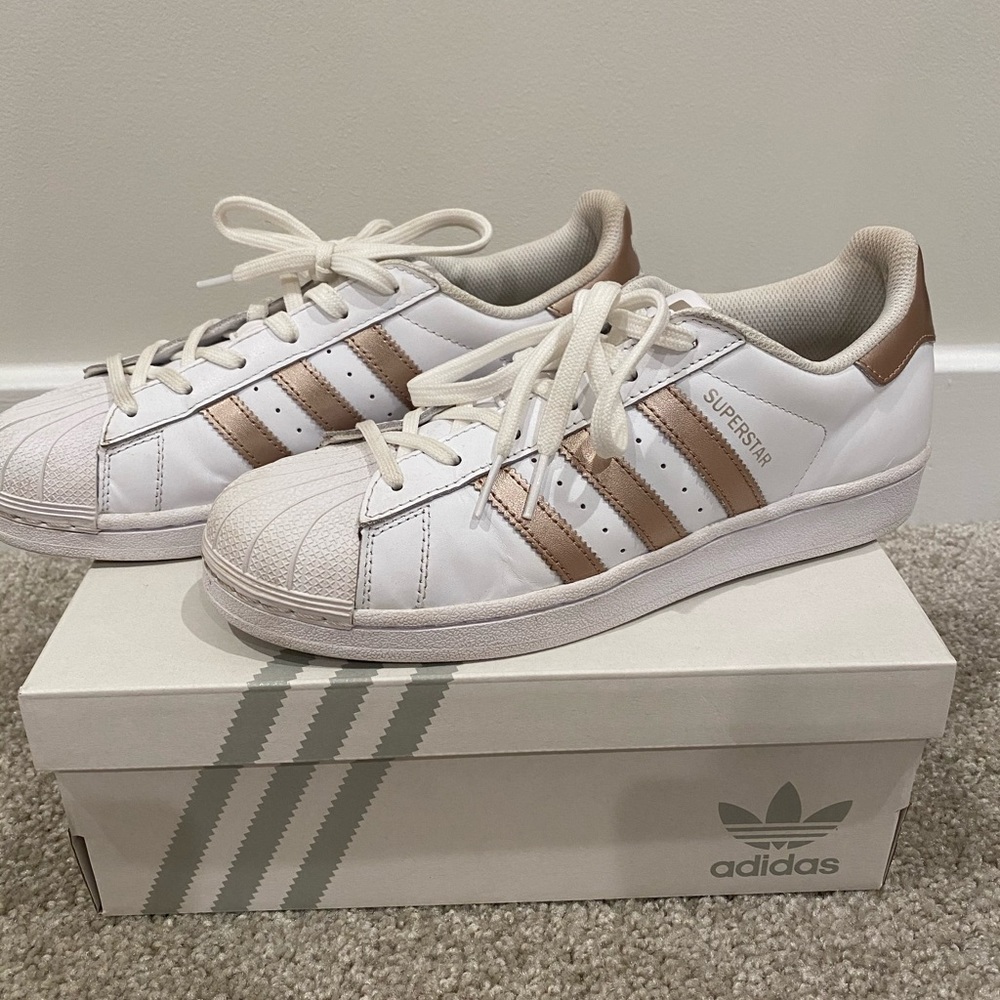 White and Gold Adidas Superstars